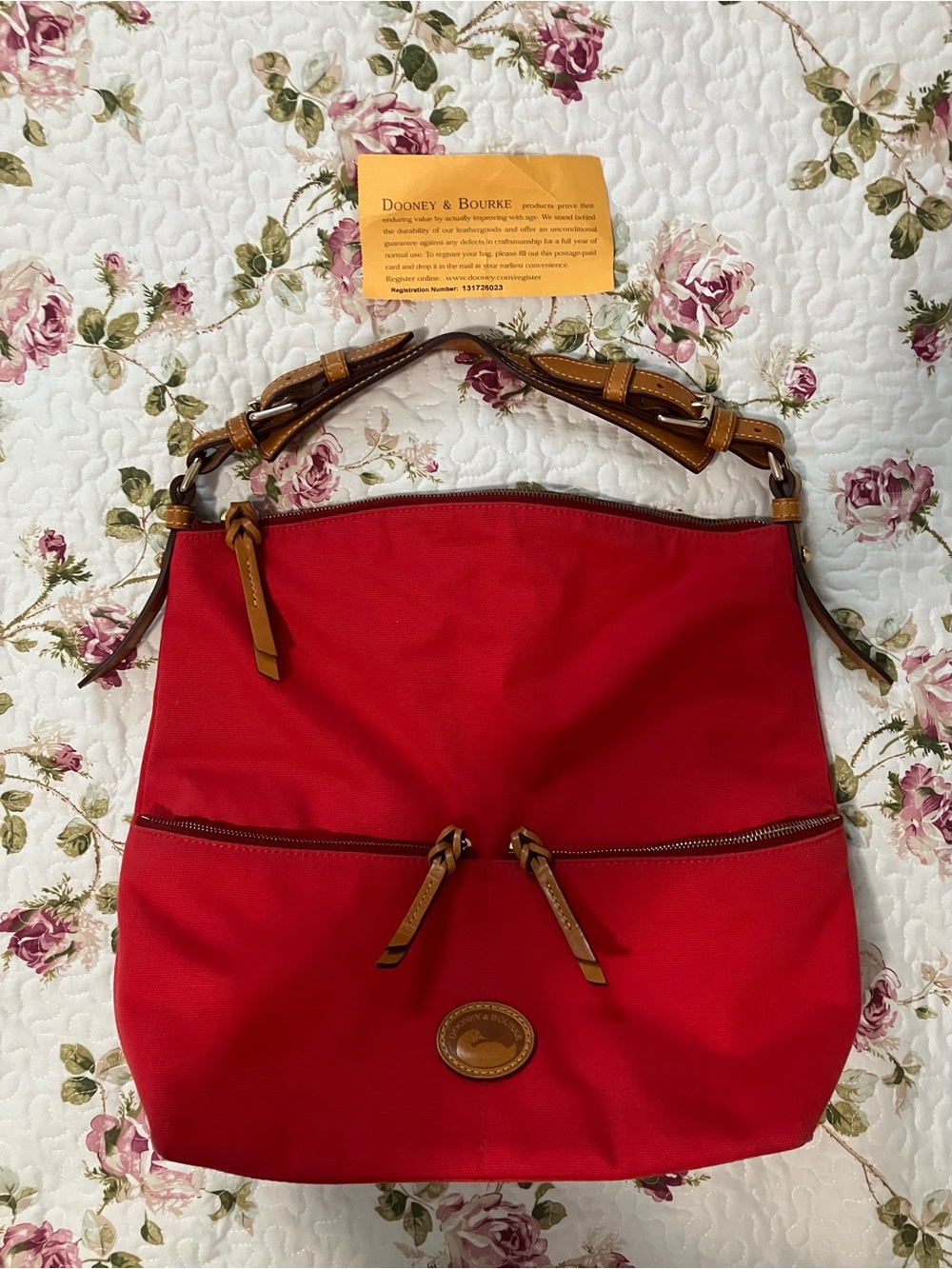 Beautiful Vintage Dooney & Bourke Red Shoulder Bag with Tan Leather Trim